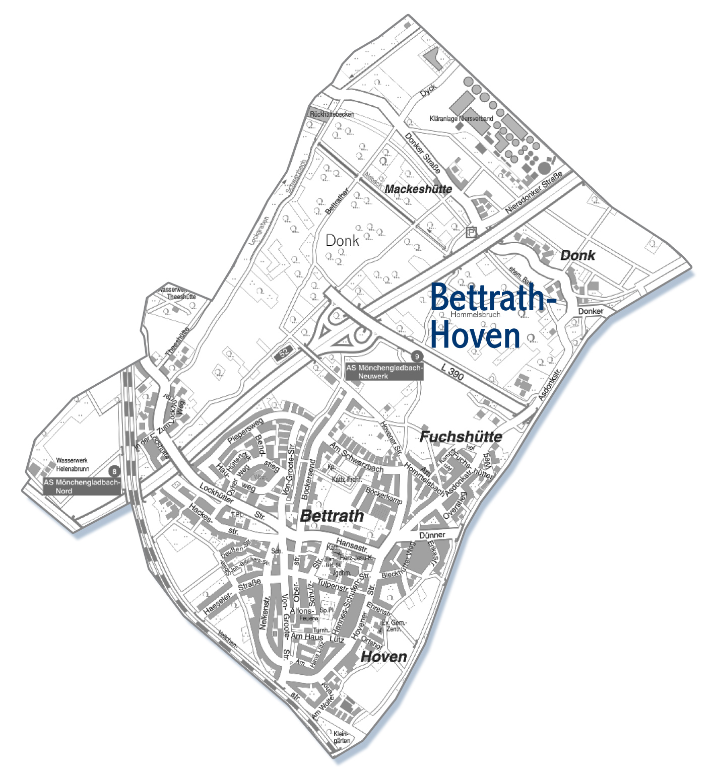 bettrath-hoven mönchengladbach stadtteil karte Eine Karte der Stadt Mönchengladbach des Ortsteils Bettrath-Hoven