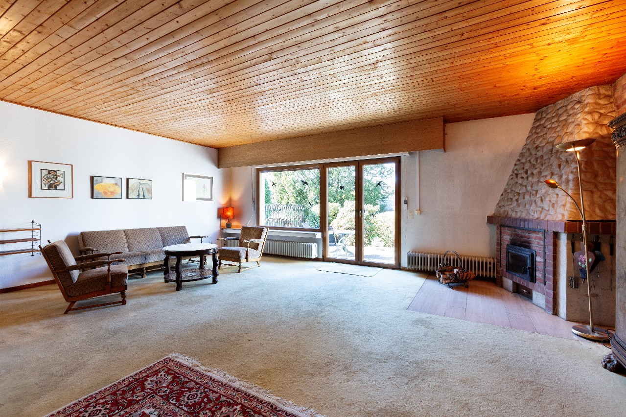 Wohnraum mit Kamin und Terrassenzugang